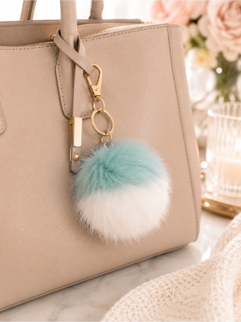 LC Lauren Conrad Blue White Faux Fur Pom Pom Keychain Bag Charm Y2K Coquette NWT